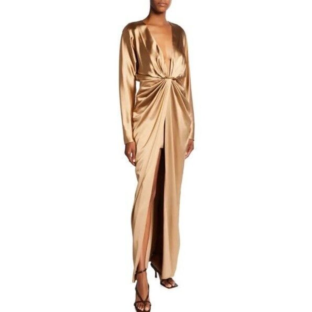 GAUGE81 Shibu Long Satin Dress‎ Bronze Women's Small Plunge Gathered High Slit